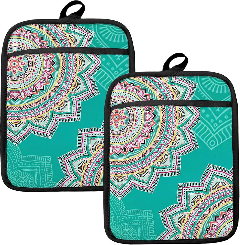 HUGANE Turquoise Abstract Mandala Floral Pot Holders for Kitchen, Boho Colorful Ethnic Flower Botanical Heat Resistant Hot Pads and Oven Mitts for Baking Cooking，379 potholder - Image 1